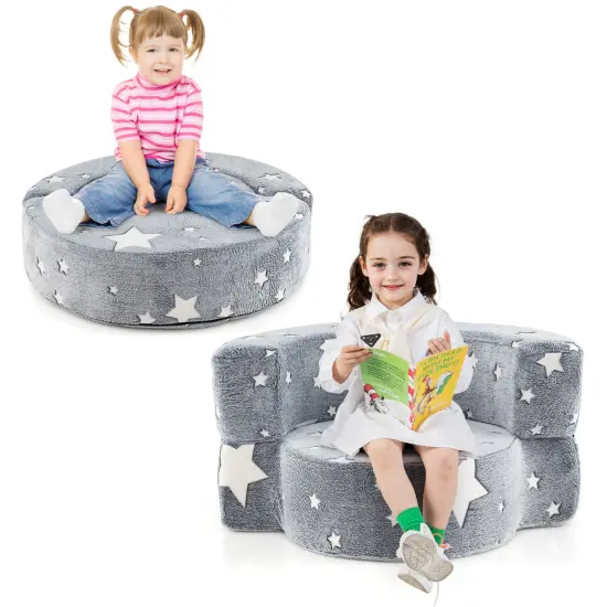 2-in-1 Grey 2-in-1 Convertible Design Kids Sofa with Flannel Fabric Cover and Luminous Star Patterns {4}