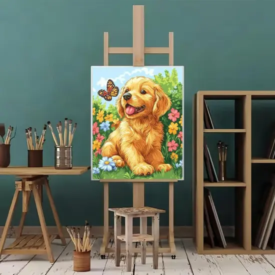Paint by Numbers Kit for Adults Beginners, 16" Wx20 L Canvas Pictures Painting Acrylic Paintwork with 3 Pcs Paintbrushes, Dog Plays with Butterfly {2}