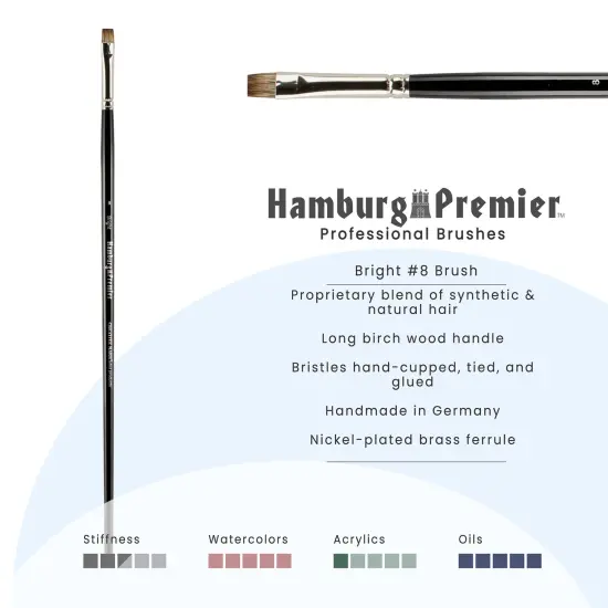 Creative Mark Hamburg Premiere Professional Oil Painting Brushes - Bright #8 Oil Paint Brush - Handmade in Germany, Natural & Synthetic Hair Blend, Long Triple-Lacquered Birch Handle {3}
