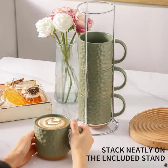 Ceramic Coffee Mug Set of 4, 16OZ Stackable Coffee Mug Set with Stainless Stand,Large Cup Set for Cappuccino,Tea,Hot/Cold Drinks,Dishwasher & Microwave Safe,Matte Green {5}