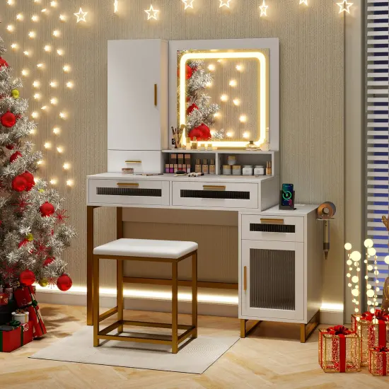 White & Gold Vanity Set with LED Mirror, Charging & Jewelry Cabinet {2}