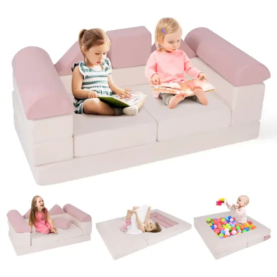 Suede Fabric Convertible Kids Play Couch Set with Foam Blocks and Cushions Beige {9}