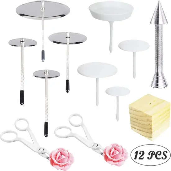 12 PCS Cake Decorating Supplies, Woohome 8 PCS 2 Style Cake Flower Nail, 2 PCS Flower Lifters and 1 PCS Wood Flower Nails Holder, 1 PCS Cake Icing Dispensers for Icing Flowers Decoration {2}