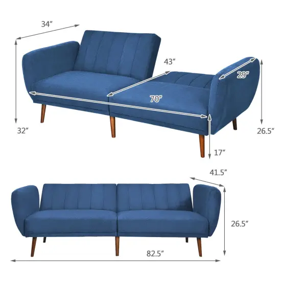 Convertible Futon Sofa Bed Adjustable Couch Sleeper with Wood Legs-Navy {4}