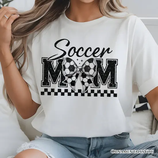 Soccer Mom Coquette Bow Retro T-Shirt, Stylish Game Day White Tee for Trendy and Proud Sports Mothers {5}
