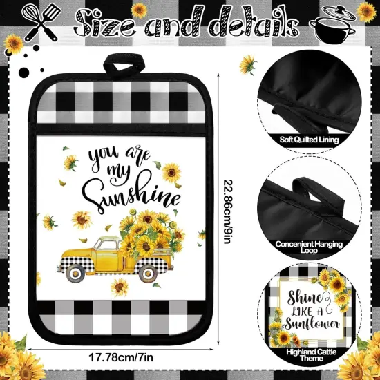 12 Pcs Sunflower Pot Holders with Pocket Teacher Appreciation Gift Bulk Summer Pot Holders Buffalo Plaid Hot Pads and Oven Mitts Gnomes Farmhouse Oven Gloves for Kitchen Baking Cooking Home {4}