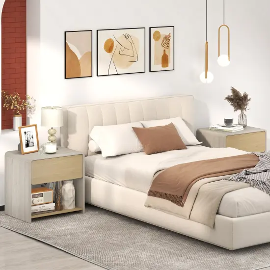 Oak Natural Metal Nightstand with Drawer and Open Shelf for Bedroom {2}