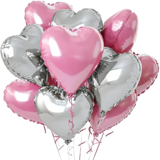 Pink Silver Heart Foil Balloons(12 pcs),18 Inch Love Valentine Balloon Silver Heart Romantic Balloon for Valentines Propose Marriage Wedding Bridal Shower Engagement Party Decorations {1}