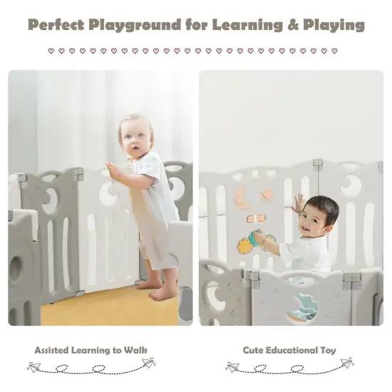 14-Panel Kids Foldable Activity Center Playpen with Lockable Door and Non-Slip Foot Mat Beige {4}