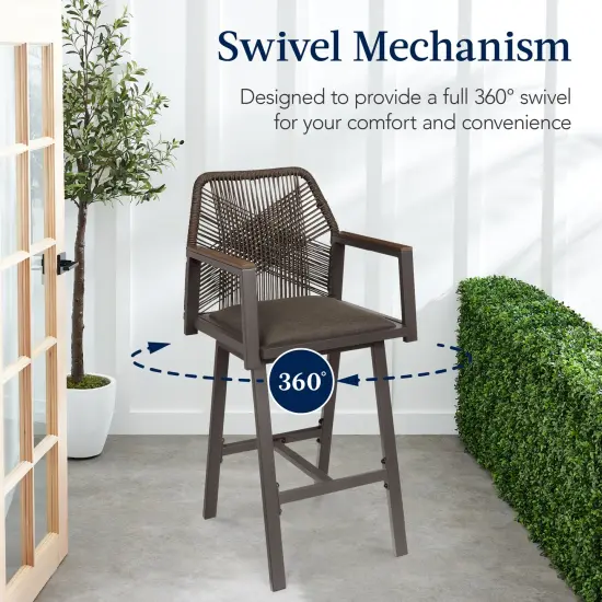 Best Choice Products Set of 2 Indoor/Outdoor Aluminum, Woven Rope Swivel Barstools w/ Armrests Brown/Mocha {3}