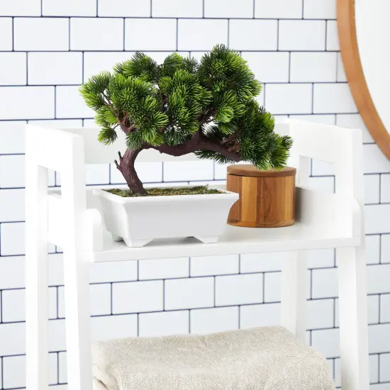 Artificial Fake Bonsai Tree for Office Desk, Potted Japanese Pine for Bookshelf Decoration, Home Decor (10 x 9 In) Green {4}