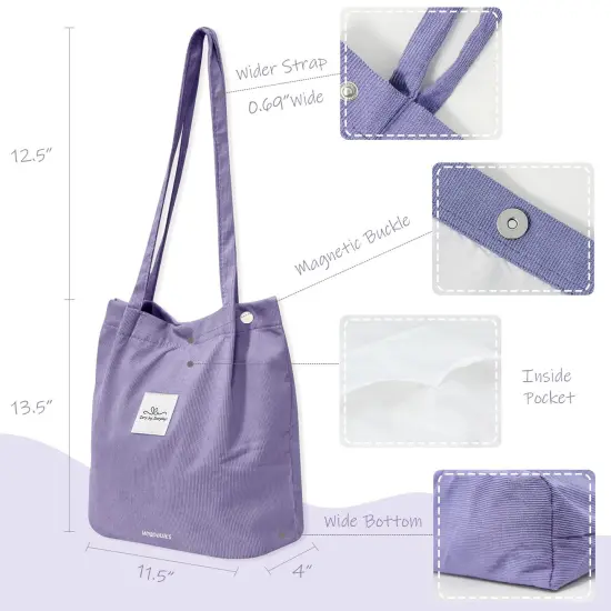 Wrapables Carry Joy Corduroy Tote Bag, Casual Shoulder Handbag, Purple {2}