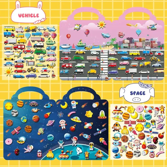6Set Puffy Sticker Books for Kids 2-4, 3D Reusable Stickers Books for Toddlers 1-3,2-4,Farm+Animal+Dinosaurs+Ocean World+Space+Vehicle {5}