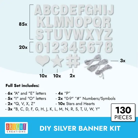130-Piece DIY Silver Glitter Make Your Own Banner Kit with Letters, Numbers, Symbols, and String for Birthdays, Weddings, and Party Supplies Decor (5-Inch Letters) {6}
