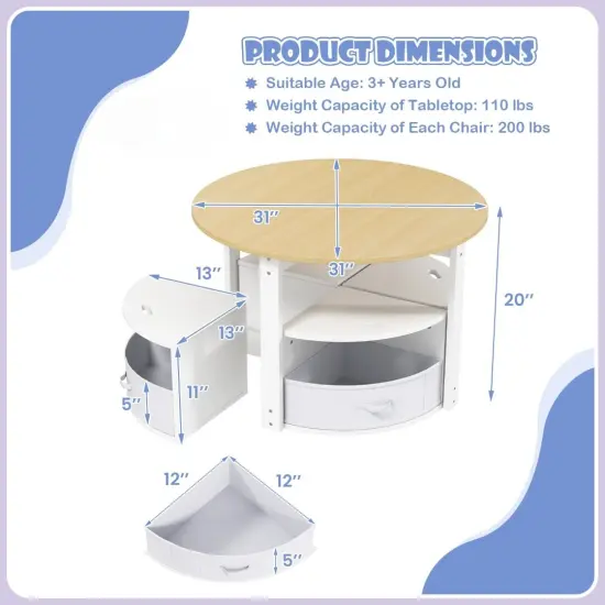 Kids Table Set with 4 Stools, MDF Nesting Design and Storage Bins Natural {6}