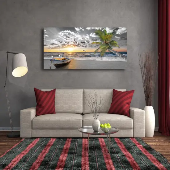 Canvas Wall Art Black and White Beach Palms Prints Paintings for Home Wall Decor Boat and Sunset Seascape Pictures Canvas Art for Living Room Bedroom Office Wall Decor Natural Scenery Artwork {3}