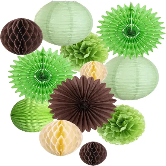 12Pcs Green and Brown Party Decorations Paper Tissue Pom Poms Honeycomb Balls Paper Fans Hanging Deco Green Lanterns for Jungle Safari Summer Birthday Wedding Party {1}