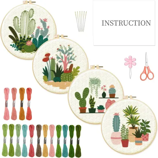 4pcs Cactus Embroidery Kit Embroidery Starter Kits Cactus Cross Stitch Kits {1}
