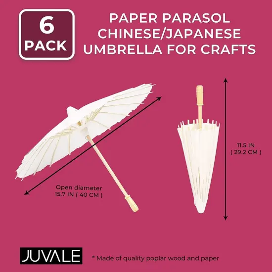 6-Pack Parasol Paper Umbrellas for Decorations for Kids, Cocktail Party Decor, DIY, Arts and Crafts Projects, Sun Parasols for Plants, Photo Props (Small, White, 16 in) {5}
