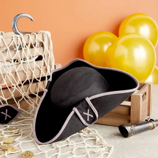 Black Pirate Hat and Eye Patch for Halloween Outfit - Tricorn Hat for Birthday Party Costume, Dess Up, Adult Size {2}