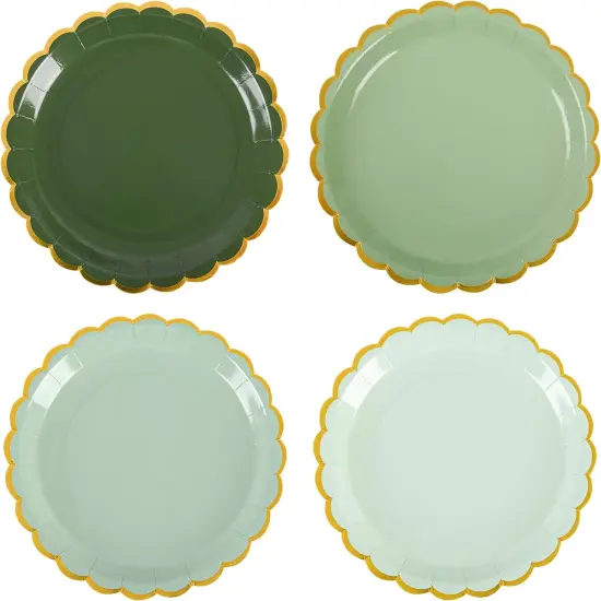 Summer Sage Green Scalloped Party Plates Gold Foil Border Paper Plates Disposable 9inch Gradient Green Serving Plates (24, Sage Green) {1}