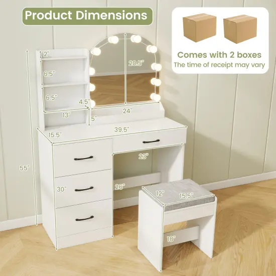 MDF Vanity Table with LED Mirror, Charging Station and Large Storage White {4}