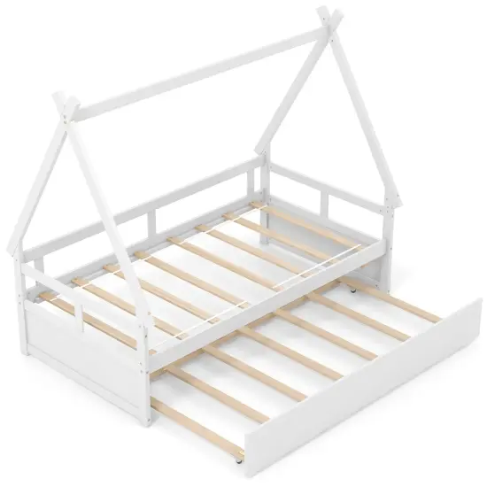 Twin Size House Frame Bed with Trundle, Wooden Construction and Creative Design White {1}