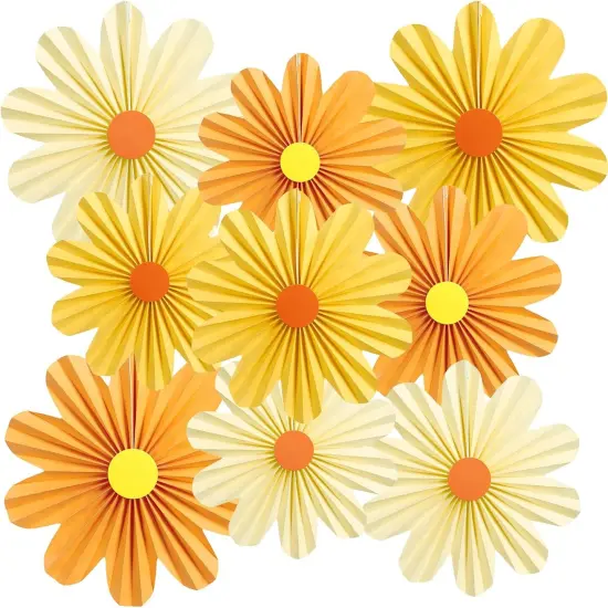 9 PCS Orange Paper Flowers Decorations for Wall Paper Fans Daisy Decoration Paper Floral Backdrop Decor Paper Fans Decoration {1}