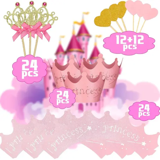 72 Pieces Glittery Princess Cupcake Toppers Crown Wrapper Holder Pink Gold Crown Tiara Pick Glitter Heart Cupcake Topper Baby Shower Decoration for Birthday Wedding Party Decor {2}