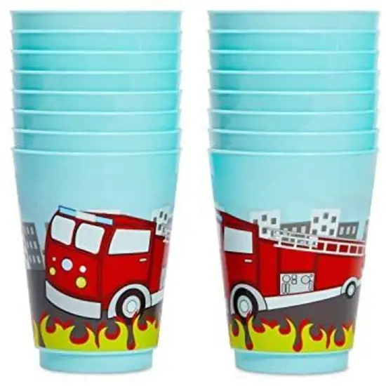 BLUE PANDA 16 Pack Plastic Fire Truck Cups for Kids, Firefighter Party Favors for Birthday Supplies (16 oz) {4}