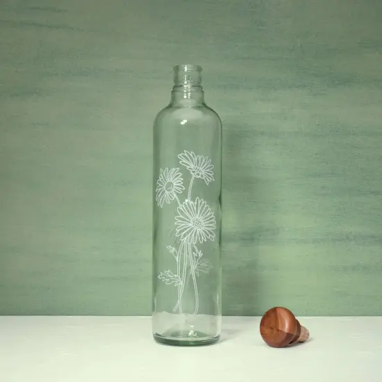 Daisy Glass Water Bottle with Wooden Stopper-750 ML {1}