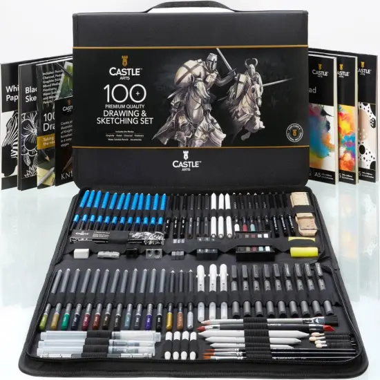 100 Piece Drawing & Sketching Set | Graphite, Charcoal, Pastel, Metallic & Water Soluble Pencils + Sticks, Fineliners | For Professionals, Adult Artists | In Tough Travel Case {1}