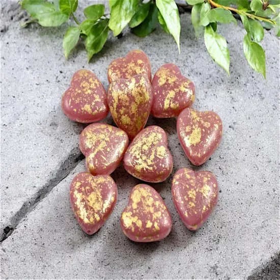 *10* 14mm Gold Splattered Mauve Pink Heart Beads {3}