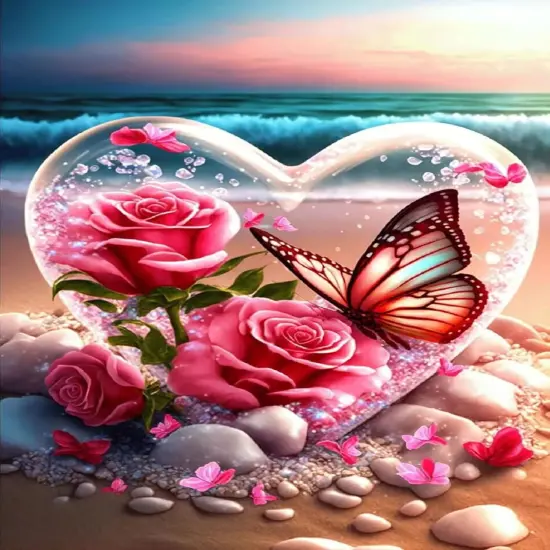 Beach Diamond Painting Kits for Adults, Flowers Heart Diamond Art Kits, 5D DIY Full Drill Seaside Butterflies Paint with Diamonds, Crystal Gem Art for Home Wall Decor 12 x 16 Inch {1}