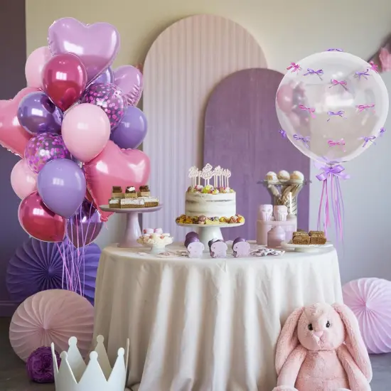 Purple and Pink Balloons Heart Balloons as Princess Birthday Party Decorations, Metallic Magenta Hot Pink Purple Confetti Balloon 18 inch Clear Heart Shape Balloon for Girls Happy Birthday Party Decor {4}