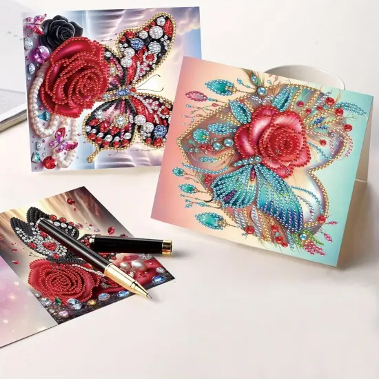 8pcs Flower Butterfly Diamond Art Painting Greeting Card, 5D DIY Special Shape Diamond Painting Christmas Birthday Mother's Day Father's Day Teacher's Day Greeting Card Creative Gifts {4}