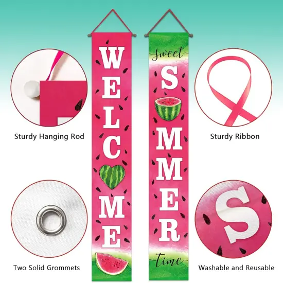 Welcome Summer Watermelon Porch Banner Sign, Sweet Summer Time Front Door Decorative Hanging Banner Flag, Seasonal Decoration Home Outdoor Yard Decor {2}