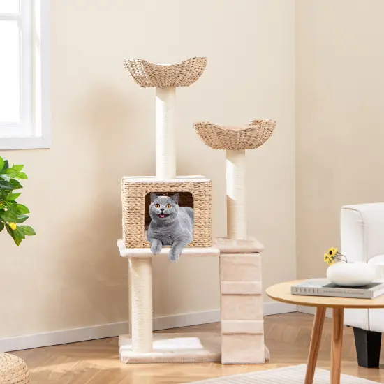 48 Inch Tall Cattail Cat Tower with 5 Full-Wrapped Scratching Posts and Soft Padded Cushions {2}
