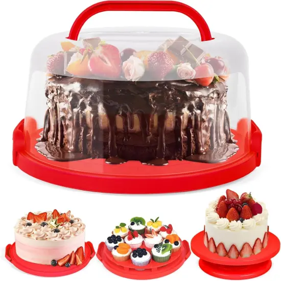 Cake Carrier with Lid and Handle, 12x6 Inch Red Cake Holder Cupcake Container for 11 Cupcakes 2 in 1 Portable Dessert Container for Cake Pie Muffin Cobbler {1}
