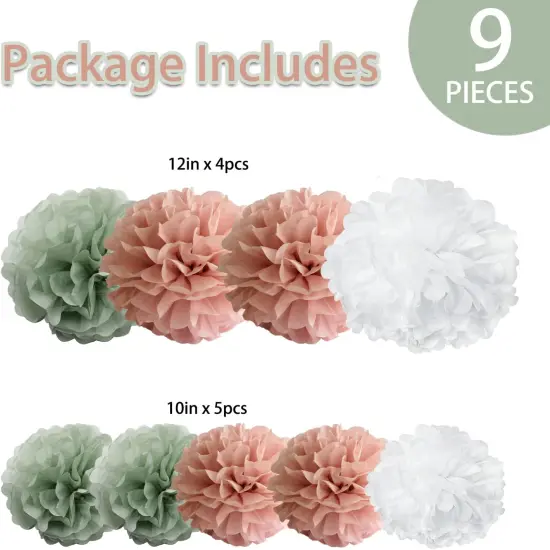 Sage Green Dusty Pink Boho Tissue Pom Poms Pastel Paper Flowers Backdrop for Baby Shower Wedding Bridal Shower Birthday Nursery Wall Hanging D&eacute;cor, Large 12" &10" Pom Pom Decorations {2}