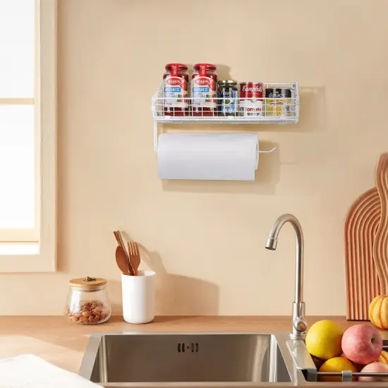 Multi-Functional Wall-Mounted Metal Basket Organizer with Foldable Paper Towel Holder &ndash; Space-Saving Storage Shelf for Kitchen, Bathroom, Bedroom & Hallway White {5}