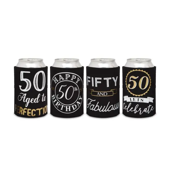 12 Pack 50th Birthday Can Cooler Sleeves for Soda, Beverages - Cheers and Beers to 50 Years Decorations and Party Favors for Women, Men (Black and Gold, 2.5x4 in) {6}
