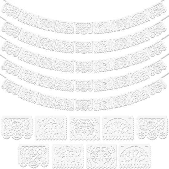 5 Pack White Papel Picado Banner, Cinco De Mayo Plastic Mexican Party Banner Wedding Fiesta Party Decoration May 5 Mexican Themed Party Decor, Mexico Birthday Party Supplies - 4 Patterns/90Ft {1}