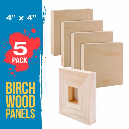 Unfinished Cradled Wood Panels for Painting, 5 Pack of 4x4 inch - Studio Birch Wooden Canvas Boards 3/4" Deep - Mixed-Media Craft, Acrylic, Oil, Encaustic, Paint Pouring Panel Board {2}