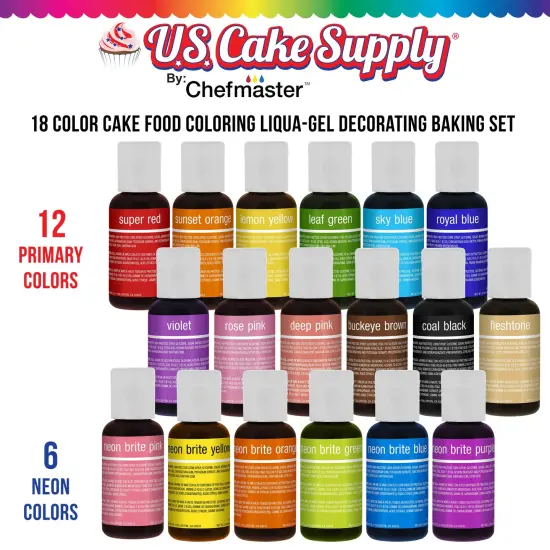 18 Color Cake Food Coloring Liqua-Gel Decorating Baking Set - 12-Primary & 6-Neon Colors U.S. Cake Supply 0.75 fl. oz. (20ml) Bottles - Made in U.S.A. {2}