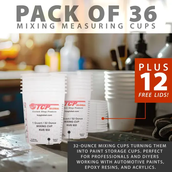 Paint Mixing Cups, 32-Ounce (36 Pack) - Plastic Measuring Cups for Liquids, Automotive Painting, Epoxy Resin, Acrylic Arts, Crafts, Disposable or Reusable, Graduated, Mixing Ratios {5}