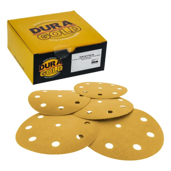 180 Grit - 5" Gold DA Sanding Discs - 9-Hole Pattern Hook and Loop - Box of 50 {1}