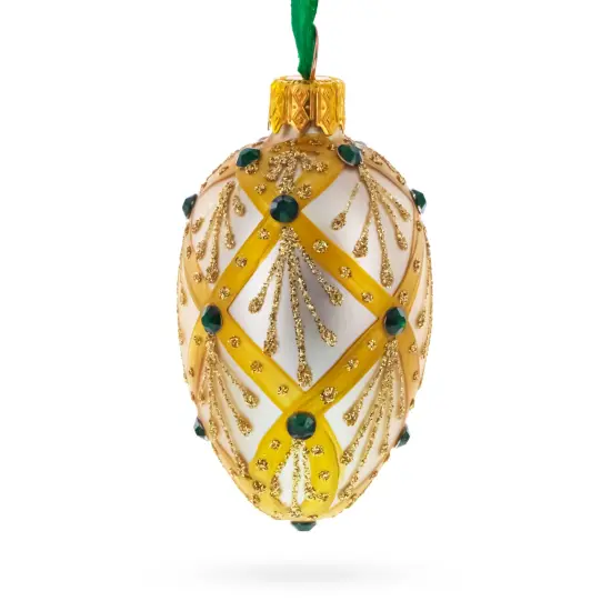 Beige & Emerald Jewel Accented Mini Glass Egg Ornament 2.9 Inches {4}