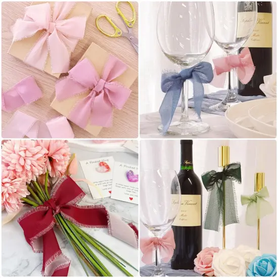 Wrapables Fringe Chiffon Ribbons, 1.5 Inch x 7 Yd Frayed Edges Chiffon Ribbons for Wedding Invitations, Bridal Bouquet, Gift Wrapping, DIY Arts & Crafts (Set of 3), Dusty Rose {3}