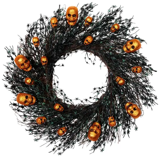 Northlight Glittered Skulls and Spiders Halloween Twig Wreath - 22" - Unlit Black {3}